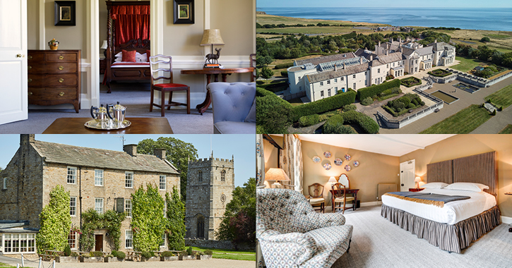 bedroom inside Headlam Hall, aerial shot of Seaham Hall Hotel, exterior shot of Rose and Crown Inn and bedroom at High Force Hotel
